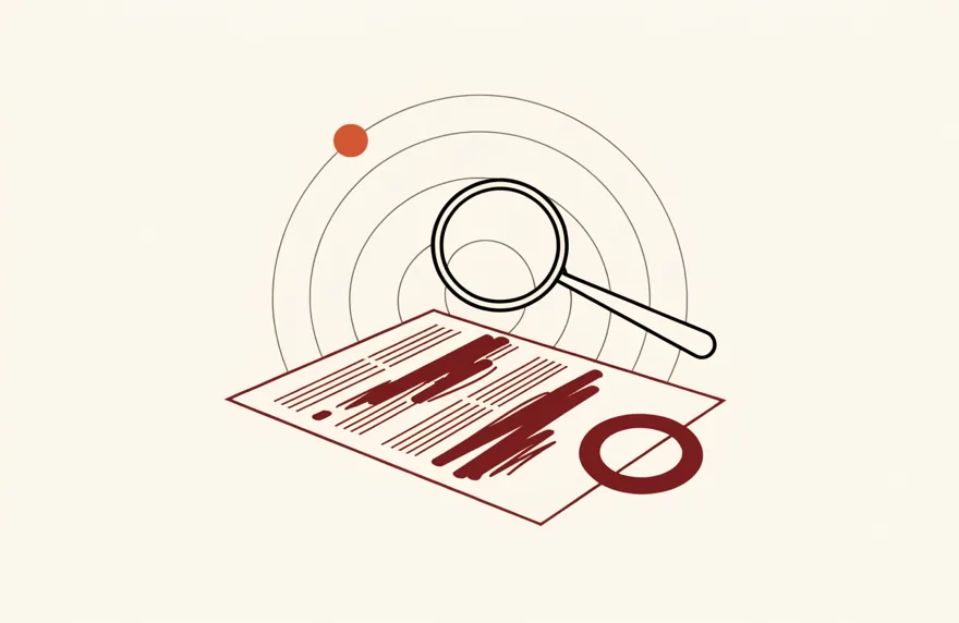 Ilustración: oficio con sello circular bajo una lupa y un barrido de radar